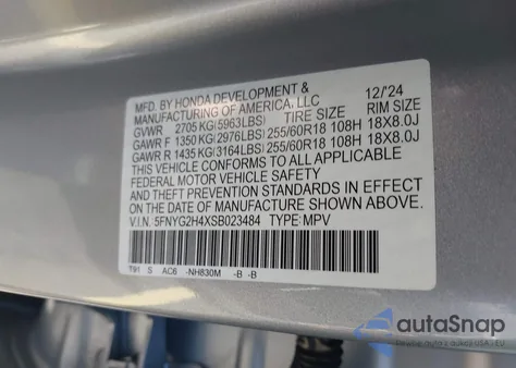 2025 Honda Pilot Ex-L from USA, damaged, VIN 5FNYG2H4XSB023484